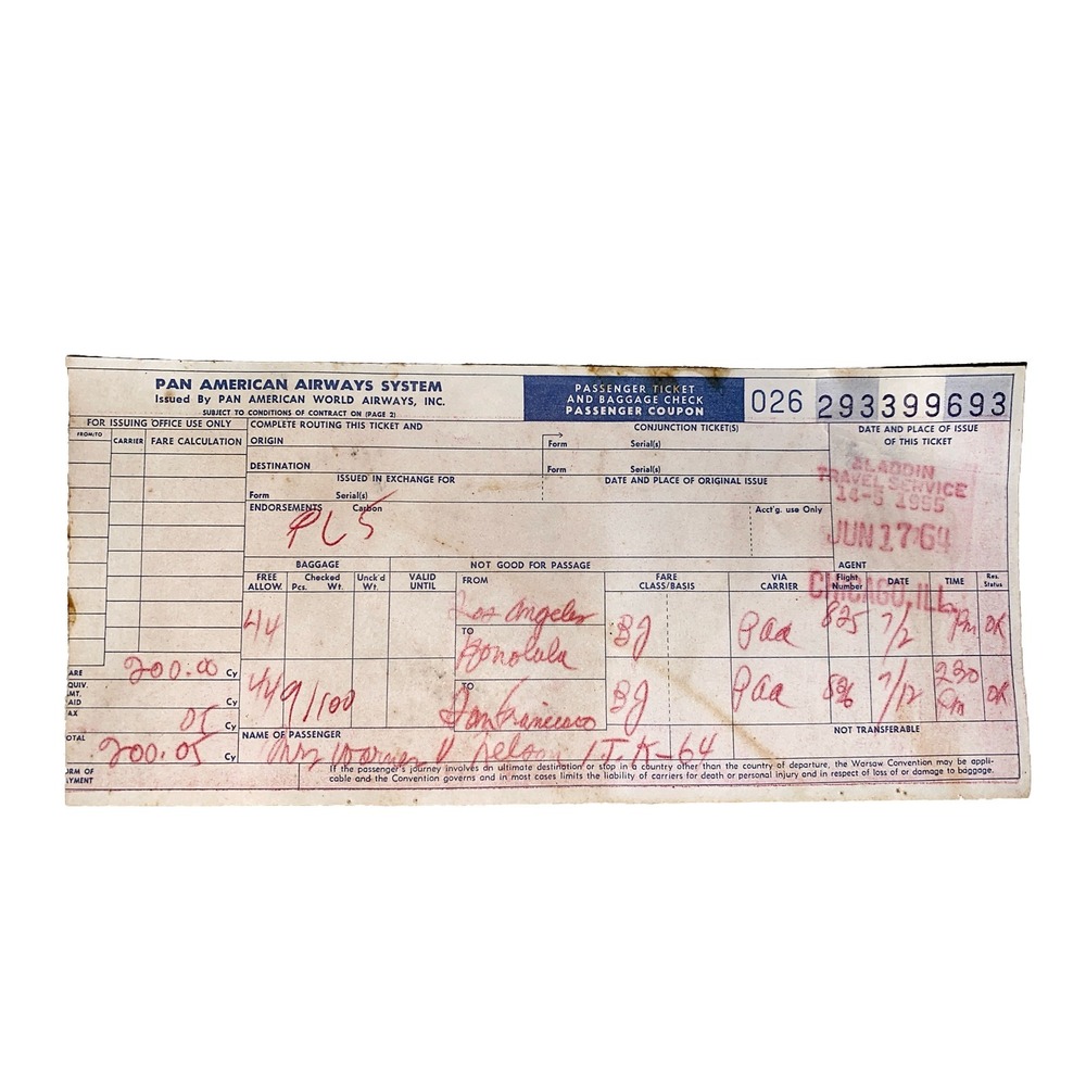 June 9, 1964 Pan Am American Airways Chicago Honolulu Hawaii Los Angeles Ticket